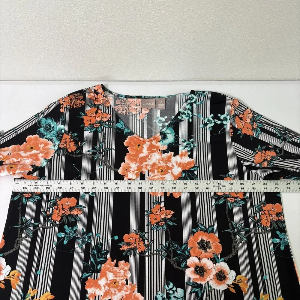 Chicos Top Womens 3 US XL Orange Blue Floral Striped 3/4 Sleeve V Neck Blouse